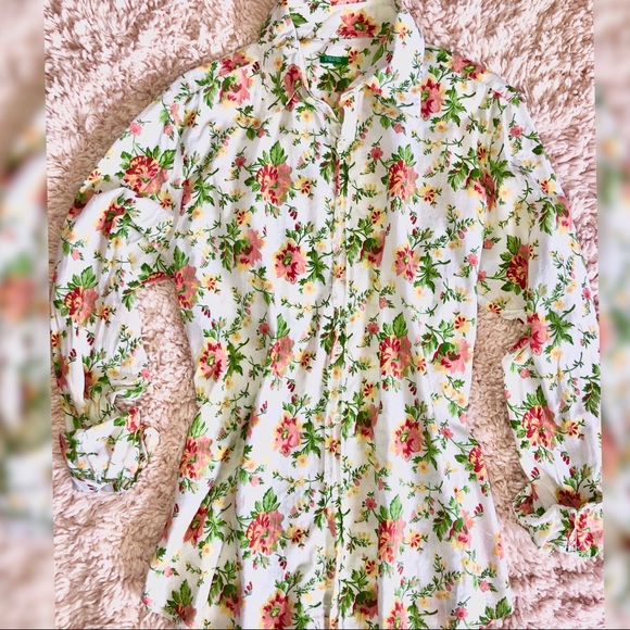 Benetton White Floral Oxford Shirt Top Size: M - Picture 2 of 7
